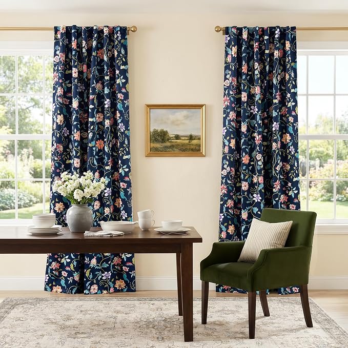jinchan Dark Blue Floral Blackout Curtains 84 Inch Back Tab 2 Panels | Room - Image 8