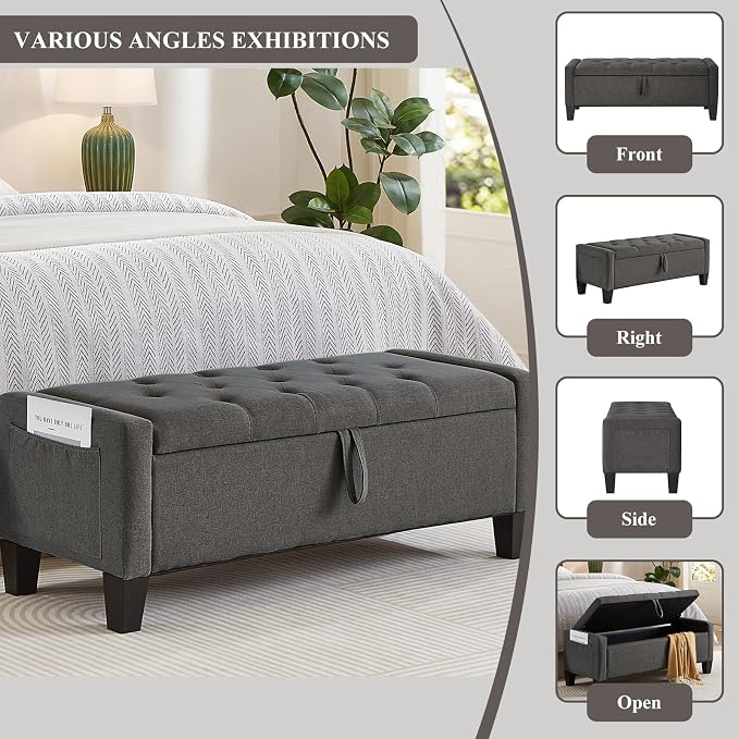 Modern Storage Ottoman Bench, Linen Upholstered End of Bed Bench - Image 6