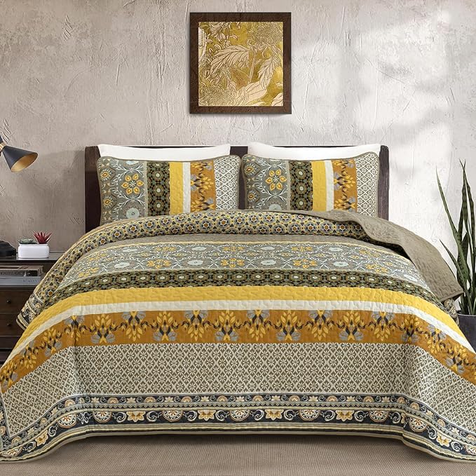 Yiran Quilts King Size, Taupe Yellow Boho Vintage Bedspreads Bedding Set | Fall - Image 2