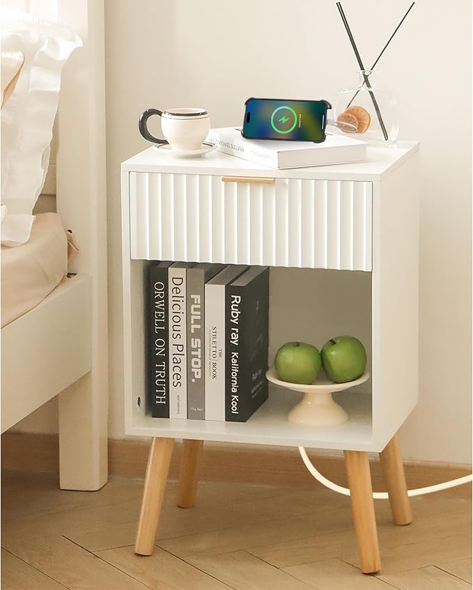 Fultyle White Nightstand with Charging Station, Mid Century Modern Bedside - Image 2