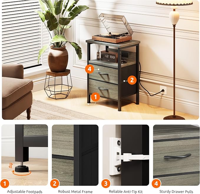 Lazzanto Night Stand with Charger Station, 2 Fabric Drawers, Bedside Table - Image 7