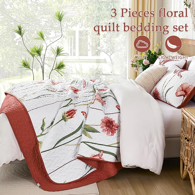 WONGS BEDDING Red Quilt Set King Size, Cute Red Floral Botanical Bedspread - Image 4