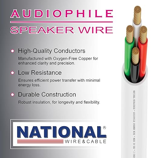 NATIONAL Wire&Cable - 16/4 Audiophile Speaker Wire (1000 Feet) 16AWG Gauge - Made in USA - in Wall Audio Speaker Wire Cable/CL Rated/ETL Listed / 2 Conductors - Oxygen-Free Copper, White 1000ft