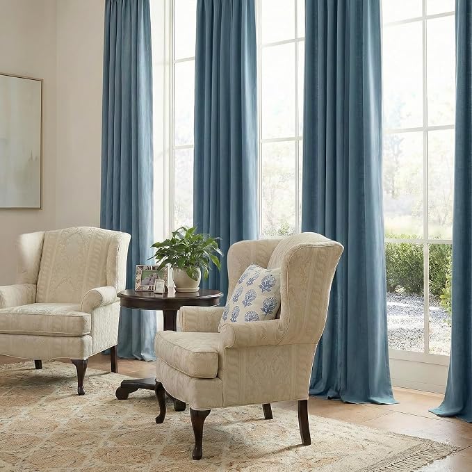 Pinch Pleated Full Blackout Faux Linen Curtains 96 Inches Long | Stone Blue - Image 4