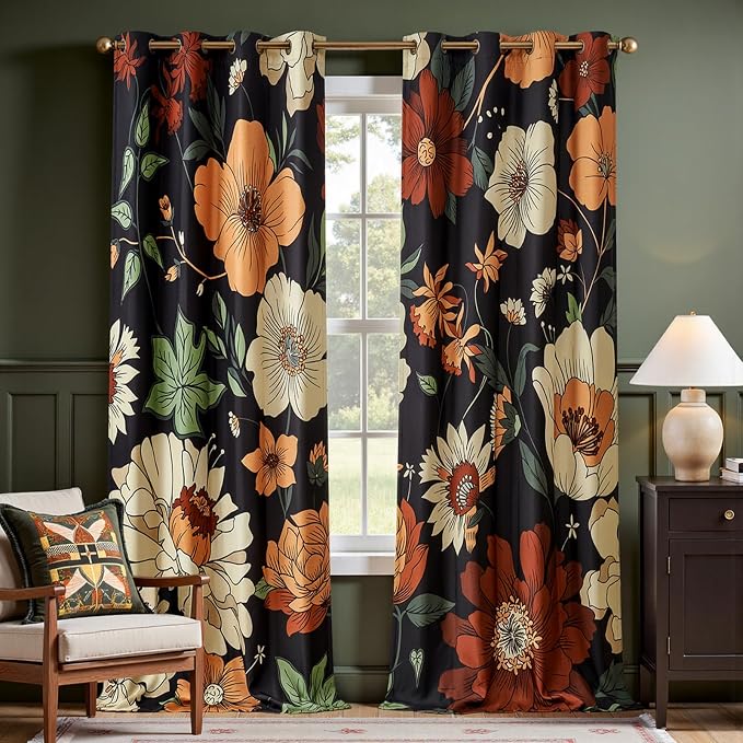 jinchan Black Boho Floral Blackout Curtains 108 Inch Grommet 2 Panels | Room by JINCHAN