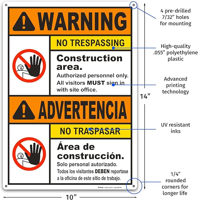 Brimar - 10" x 14" - Bilingual Warning Construction Area No Trespassing Sign - .055″ Polyethylene Plastic - Bold Text - Easy Installation