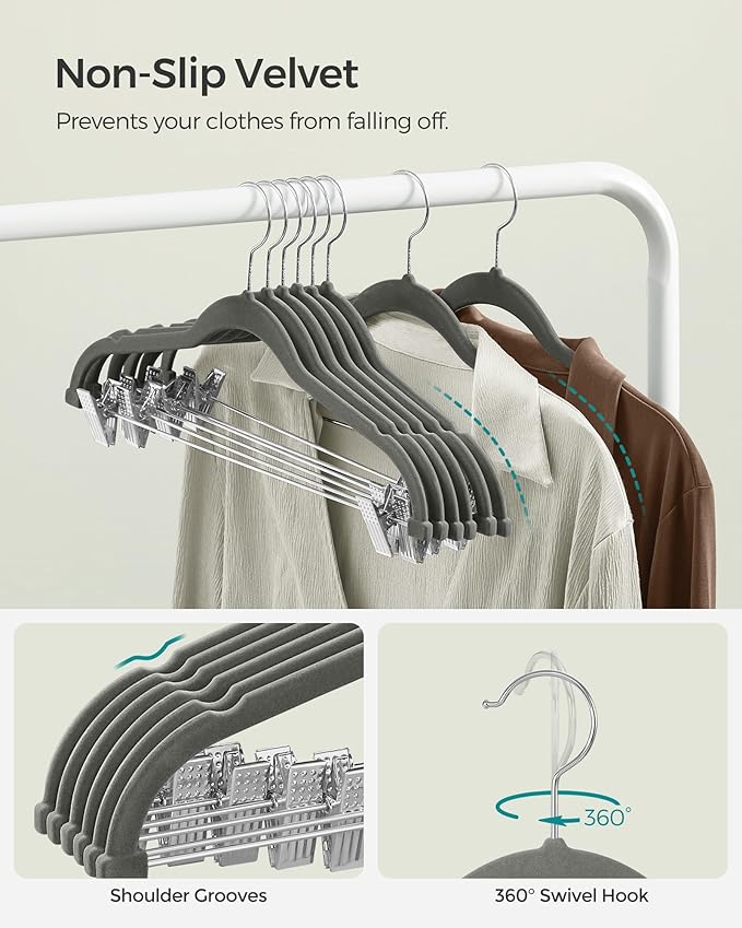 SONGMICS 30 Pack Pants Hangers, 16.7 Inches Long Velvet Trousers Hangers with Adjustable Clips, Heavy-Duty, Non-Slip, Space-Saving for Pants, Skirts, Coats, Dresses, Tank Tops, Gray UCRF12V30