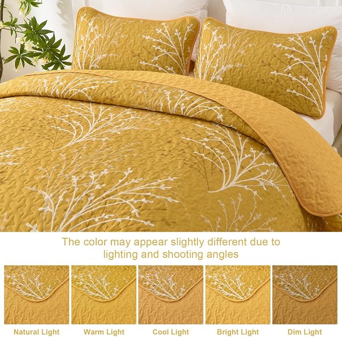 DJY Yellow Quilt Set Queen Size Branch Botanical Bedspread Coverlet Set | 3 - Image 8