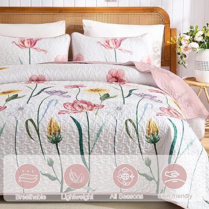 WONGS BEDDING Pink Quilt Set Queen, 3 Pieces Colorful Delicate Floral Bedspread - Image 3