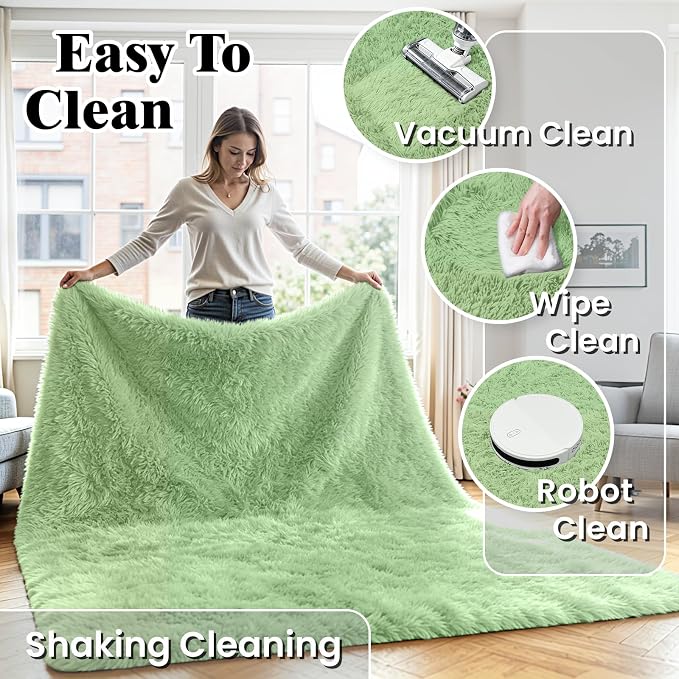 8x10 Fluffy Area Rug for Living Room: Non-Slip Light Green Bedroom Carpet | - Image 6