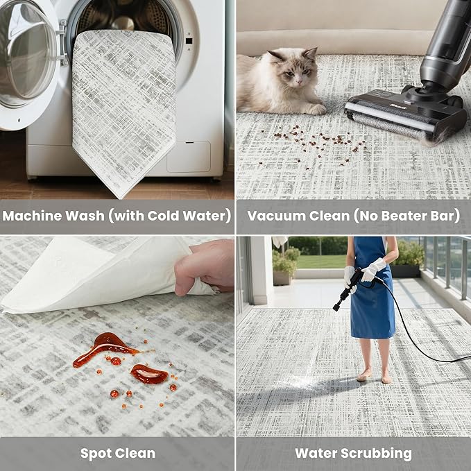 4x6 Washable Area Rug for Living Room Bedroom: Non-Slip Modern White Gray | - Image 5