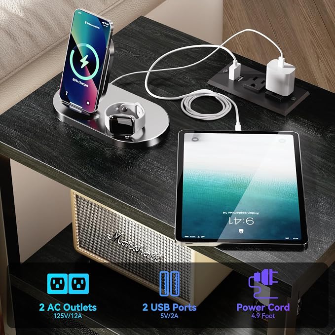Furologee Night Stand with LED Light, Charging Station, 2 Drawer, 2 Fabric - Image 9