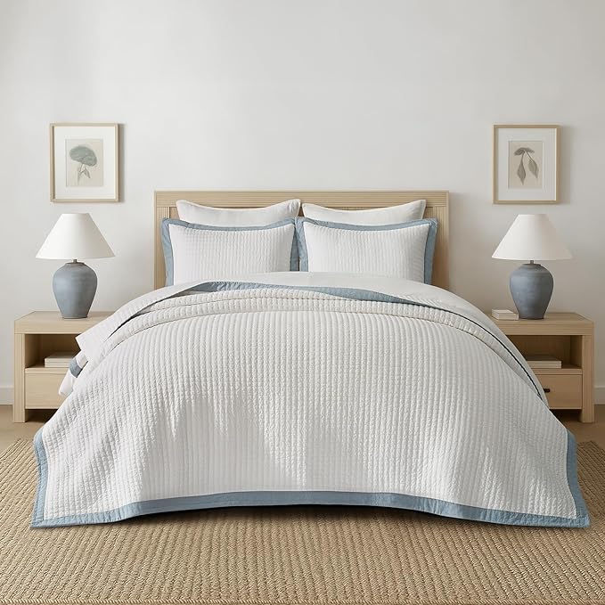 Cotton Border Frame Tack-Stitch Quilt Bedding Set King Size, Coastal Oversized by EVERGRACEHOME