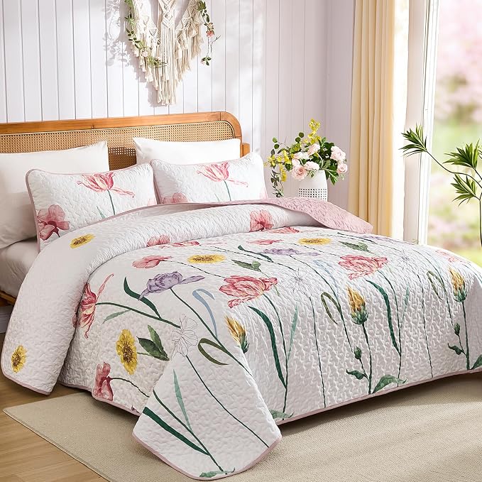 WONGS BEDDING Pink Quilt Set Queen, 3 Pieces Colorful Delicate Floral Bedspread - Image 2