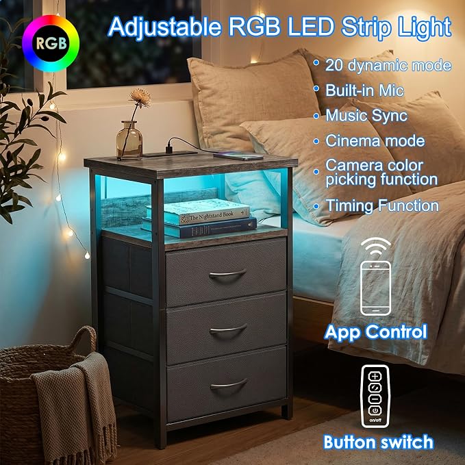 Fixwal Night Stand with 3 Fabric Drawers, Nightstand with Charging Station | - Image 4