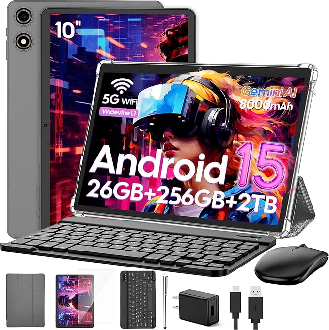 VisuPad 2026 Android 15 Tablet with Keyboard, 26GB+256GB+2TB Expand, 10 Inch 2 in 1 Tablet with Gemini AI, 8000mAh, 2.4G/5G WiFi, BT5.0, Widevine L1, Tablets Pc with Case, Mouse, Stylus (Silver Case)