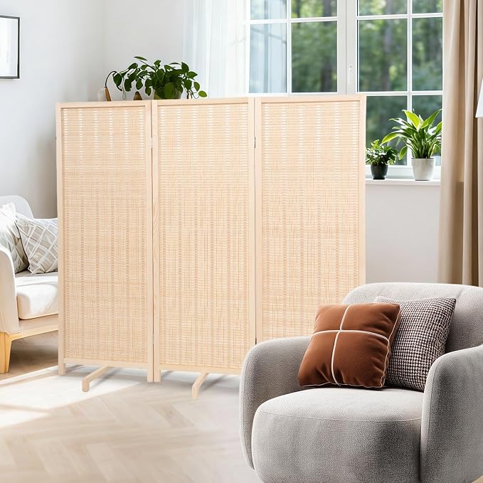 Bamboo Room Divider 3 Panel 47" H, 360°Rotating Feet Privacy Screen, Portable by JVVMNJLK