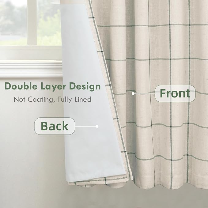 DriftAway 100% Blackout Plaid Linen Curtains W52xL63 Loden Green | 100% Blackout - Image 3