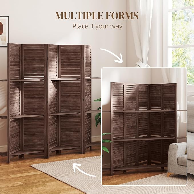 HOMCOM Room Divider 5 Panel 67" Tall Wood Privacy Screen Walnut | 3 Display - Image 6