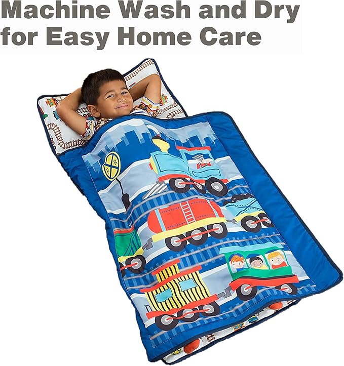EVERYDAY KIDS Toddler Nap Mat with Removable Pillow -Choo Choo Train- Carry Handle with Fastening Straps Closure, Rollup Design, Soft Microfiber for Preschool, Daycare, Sleeping Bag - Ages 2-6 Years
