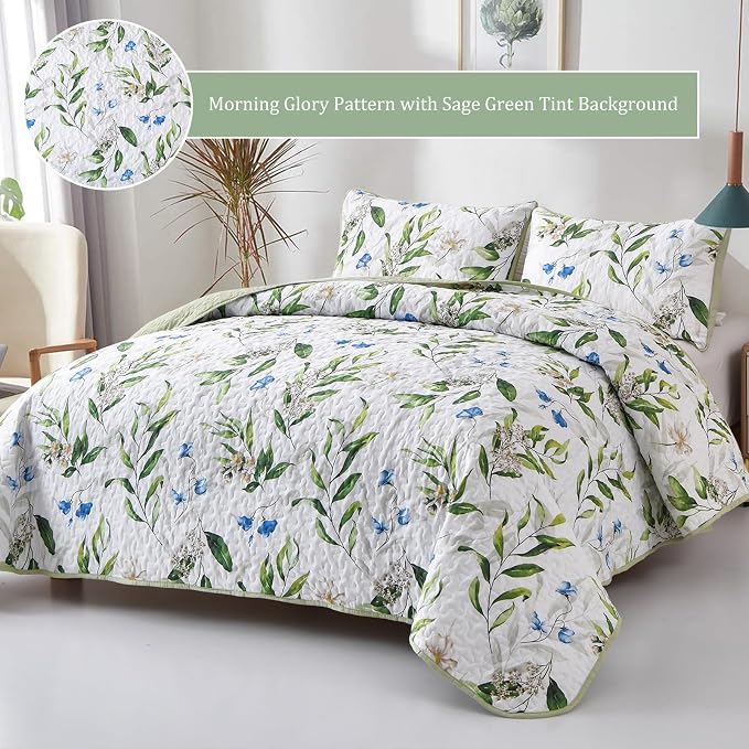 Anibedding Green Quilt Set King Size, 3 Pieces Floral Botanical Bedspread | - Image 3