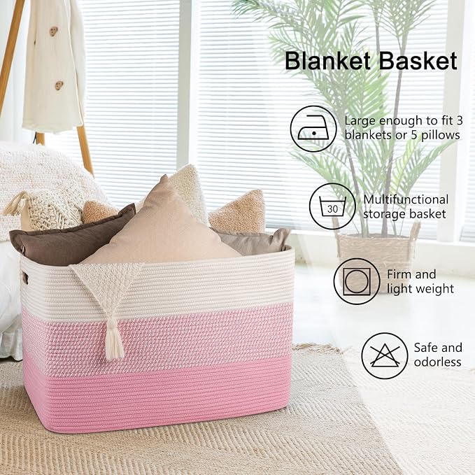 OIAHOMY 108L Extra Large Blanket Basket Dog Toy Basket Pink&White | Rectangle - Image 6