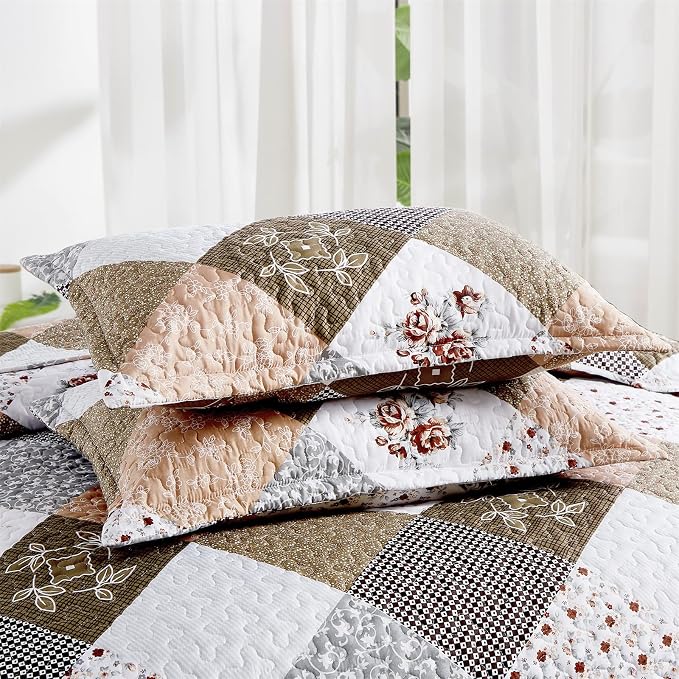 Dinjoy Floral Plaid Patchwork Quilt Set California King Size, Reversible Brown - Image 5