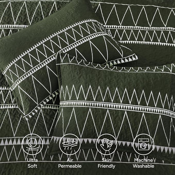 Green Oversized Super King Quilt Set, 3 Pieces Striped Bedspread | Boho Soft - Image 5