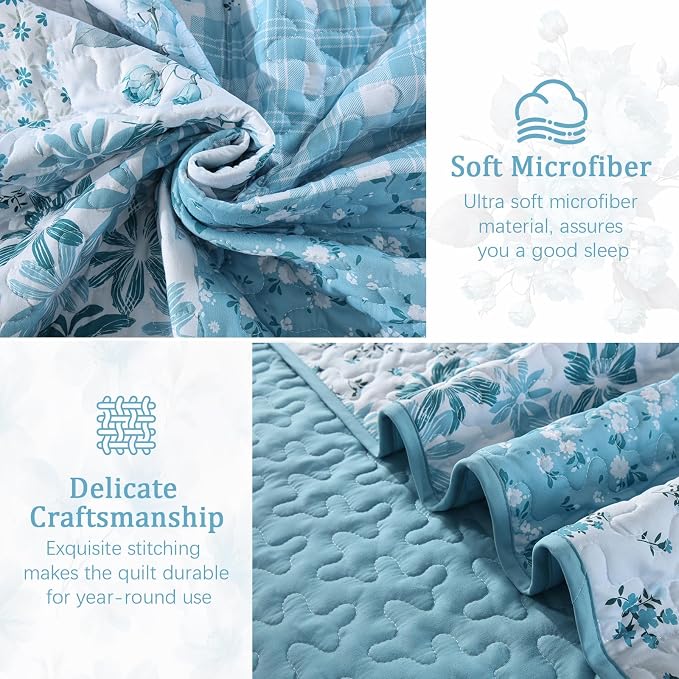 Mybedsoul Blue Patchwork King Size Quilt, Soft Boho Floral King Bedspreads - Image 6