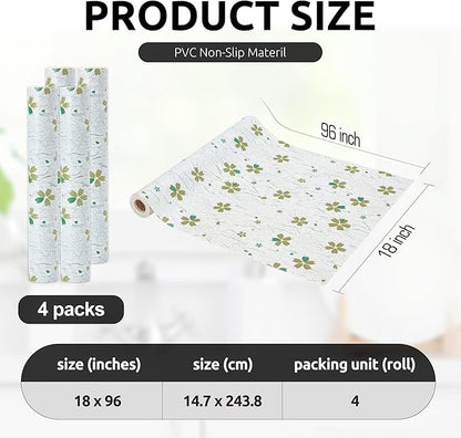 RAY STAR 18X96 Inch Shelf Liner for Kitchen Cabinets, Non-Adhesive Cabinet Liner Washable, PVC Drawer Liner for Dresser Non-Slip Bathroom (Green-Floral)(4 Roll)