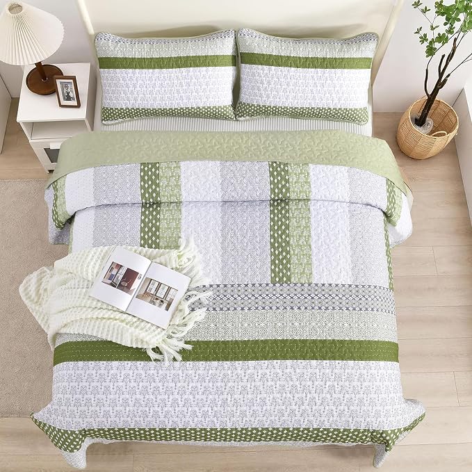 WONGS BEDDING Quilt Queen Size Olive Green, Bohemian Stripe Bedspread | 3 - Image 2