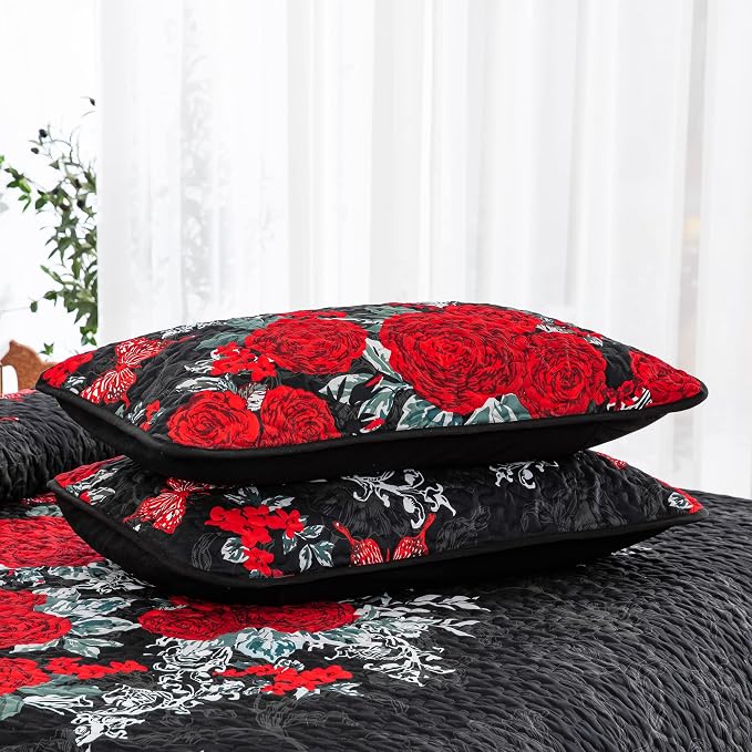 Yiran Black Floral Quilt Set King Size, 3 Pieces Botanical Quilt Set | Summer - Image 5