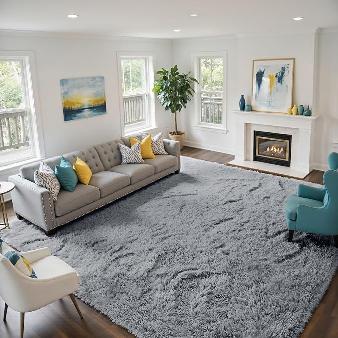 Light Grey 9x12 Area Rugs for Living Room, Fluffy Shag Rug Bedroom Carpet | by Yongyangjuxi