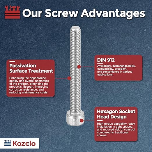 Kozelo 6pcs Socket Head Cap Screws - [M8-1.25 x 60mm] 304 Stainless Steel Allen Socket Drive for Electrical Motor 3D Printing Fan Engine Replacement Use, Silver
