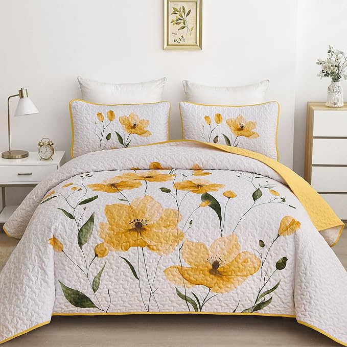 Mybedsoul Full/Queen Quilt Set Yellow, Reversible Polyester Coverlet Set by Mybedsoul
