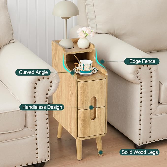 Small Nightstand Set of 2, Wood 2 Drawer Narrow Nightstand, Slim Side Table - Image 9