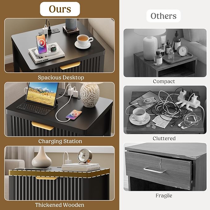 Night Stand Set 2, Fluted Wood Nightstands w/Charging Station - Image 8