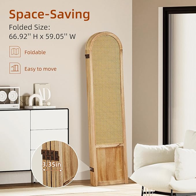 4 Panel Room Dividers and Folding Privacy Screens, Hand-Made Rattan Room Divider - Image 4