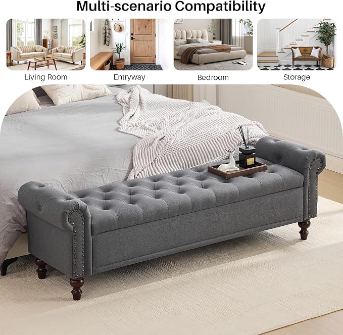 SOFTHION 67" Storage Bench for Bedroom, Linen Upholstered, Dark Grey | King - Image 8