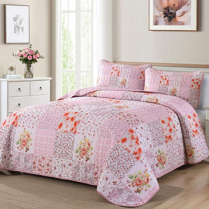 Mybedsoul Patchwork Quilt King Size, Soft Pink Boho Floral King Bedspreads - Image 2