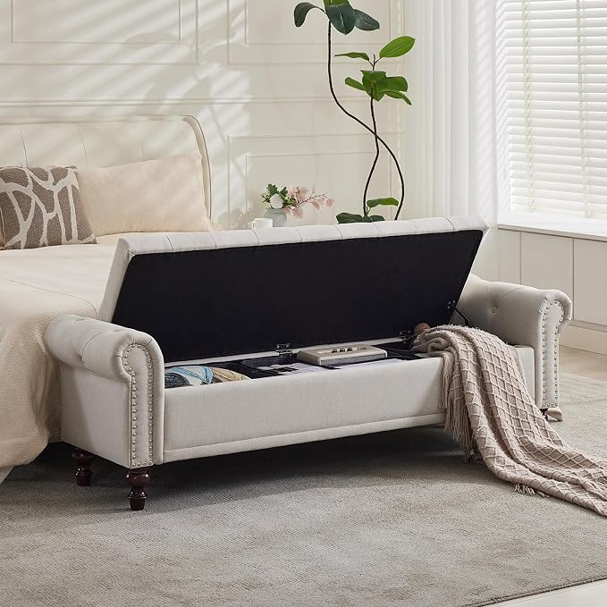 SOFTHION 67" Storage Bench for Bedroom, Linen Upholstered by SofthionDesign