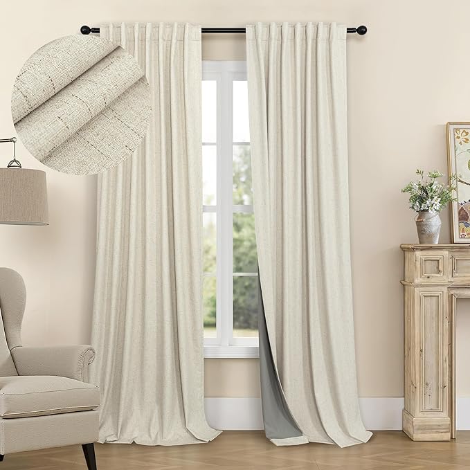 Extra Long Blackout Curtains for 10 Feet High Ceiling Living Room Large Window Back Tab Flax Linen Look Drapes 120 Inches Long 2 Panels Noise Cancelling Thermal Light Blocking Farmhouse Luxury Beige