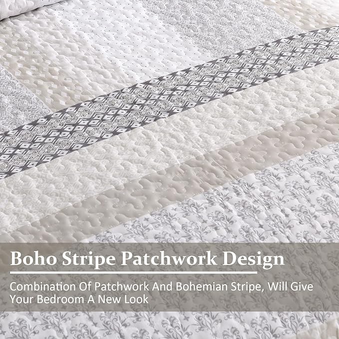 WONGS BEDDING Beige Quilt Queen Size, 3 Pieces Boho Stripe Bedspread | - Image 7