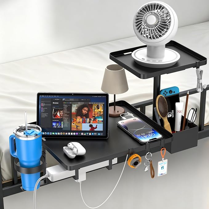 Bedside Shelf Metal Bed Shelf for Dorm Room Clip On Tray | 2-Tire Fan Shelf by CouchCupHolder