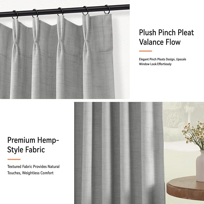 Pinch Pleated Full Blackout Faux Linen Curtains 84 Inches Long | Grey, 100% - Image 8