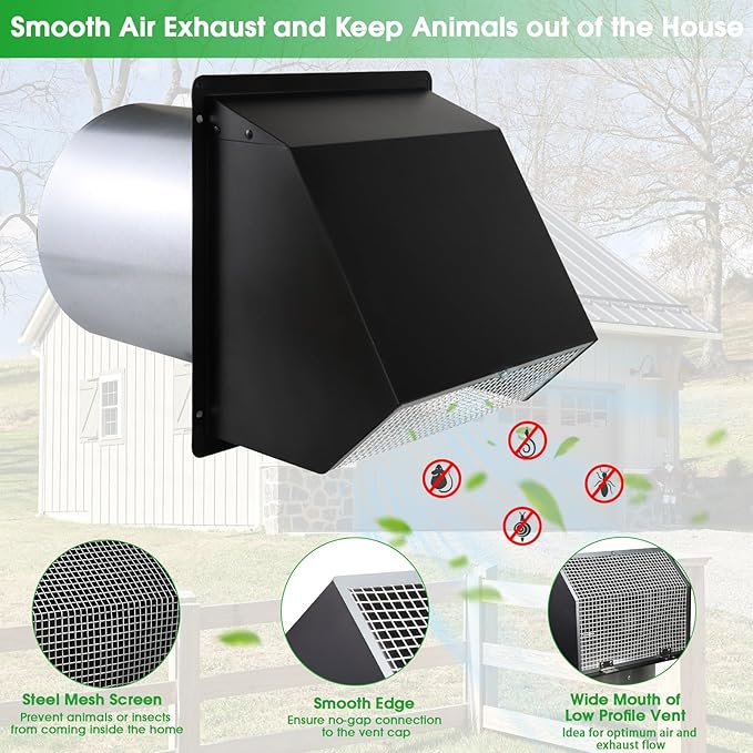 12 Inch Wall Vent Hood Exhaust Vent Cover Cap Outdoor Hooded Wall Vent with Screen and Damper for HVAC Duct Dryer Range Hood Industrial Facilities Ventilation and Air Exhaust,Galvanized Steel,Black