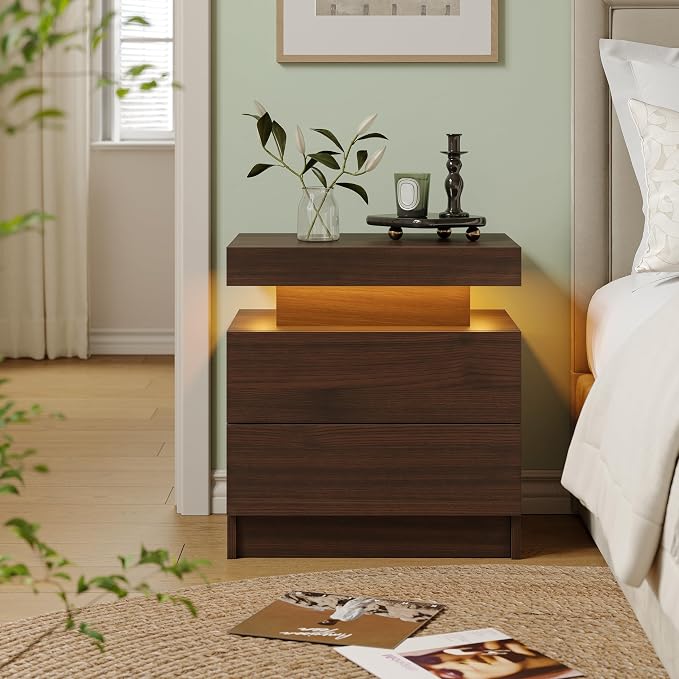 Modern Walnut LED Nightstand for Bedroom Bedside Table - Image 3