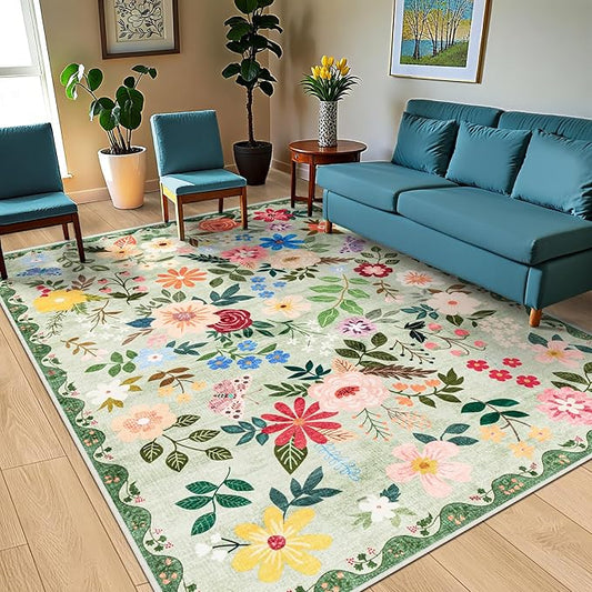 10x12 Area Rugs for Living Room: Floral Washable Rug Vintage Large Soft Boho Non-Slip Carpet Indoor Stain Resistant Low Pile Carpets for Bedroom Dining Room Farmhouse Nursery Hallway Home Office Green