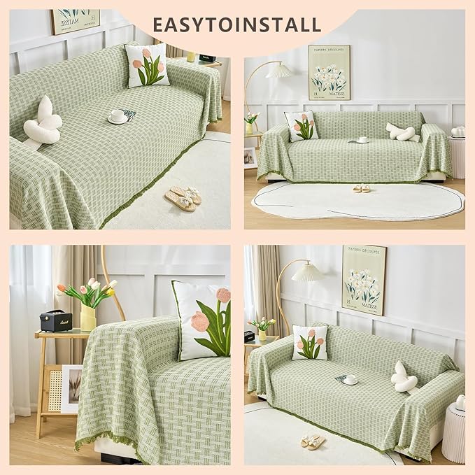 Green Couch Cover Blanket Cute Geometrical Jacquard Washable Sofa Cover for Extra Large Furniture for 3 Cushion Sofa L Shaped Sectional Couch Blanket 71"x 118"