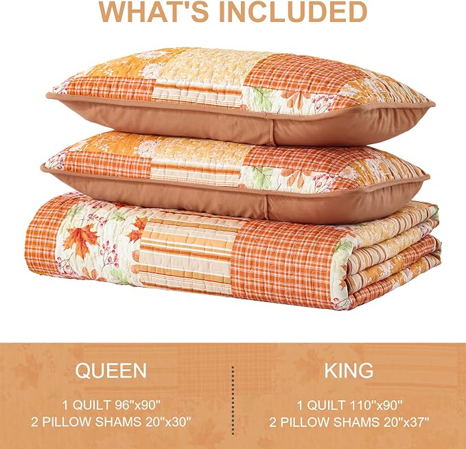 Mybedsoul Orange Boho Quilt Set Queen Size, 3 Pieces Plaid Floral Bedspread - Image 7